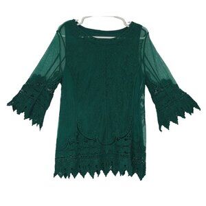 Green Lace Bell Sleeve Tunic Top Embroidered Sheer Overlay By Ultra Pink Womens